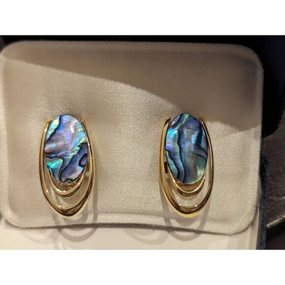 Ariki 22 Carat Gold Plate Genuine New Zealand Paua Shell Clip Earrings - Picture 1 of 6